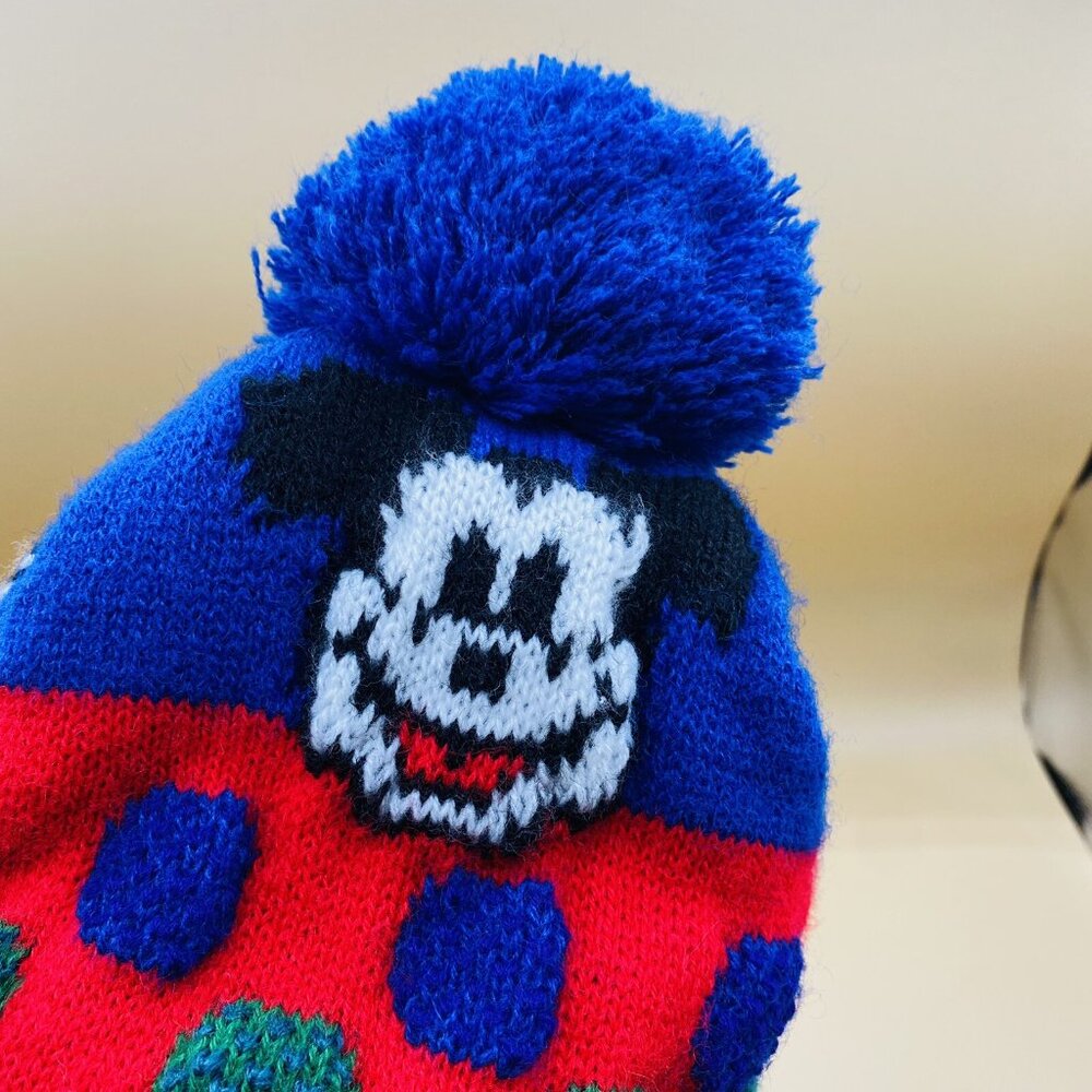 Vintage Garon Mickey Mouse Walt Disney Youth Beanie Cap Hat Pom Pom USA Blue Red - Picture 8 of 11